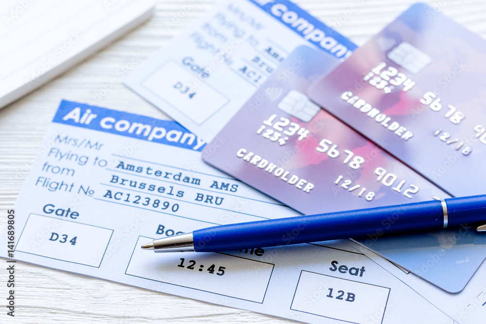 Payment online concept with cards and tickets on light table Payment online concept with cards and tickets on light table
