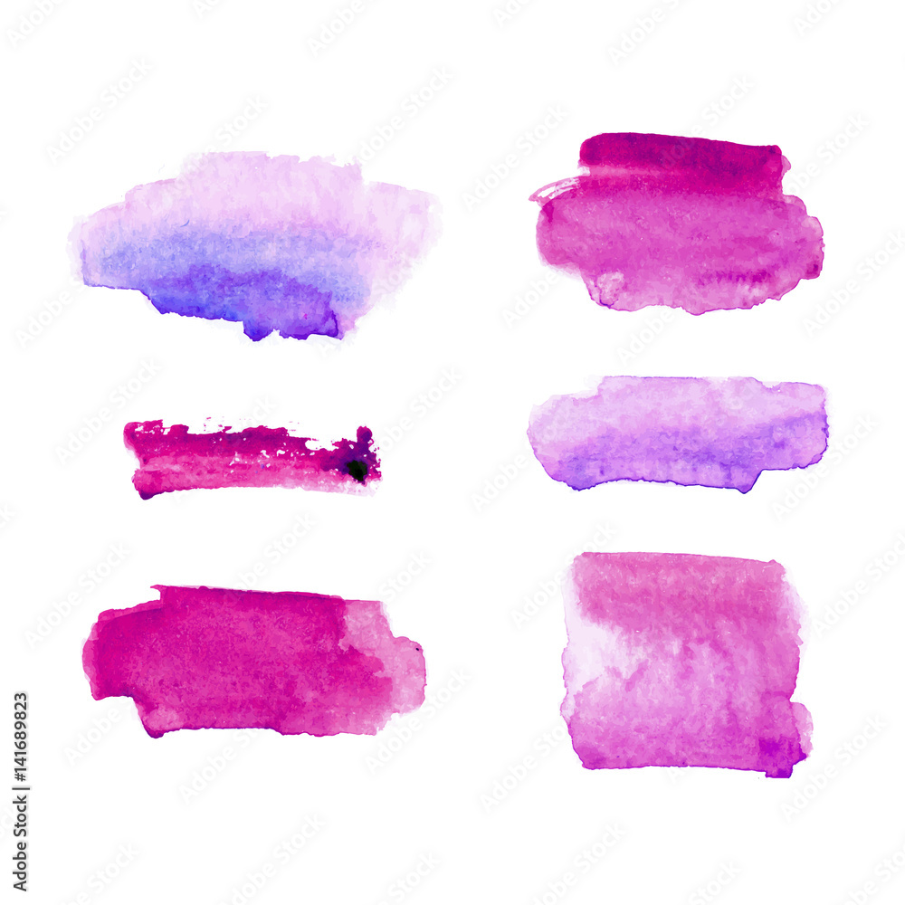 Set of watercolor spots in pink and purple colors isolated on white background. Vector collection.