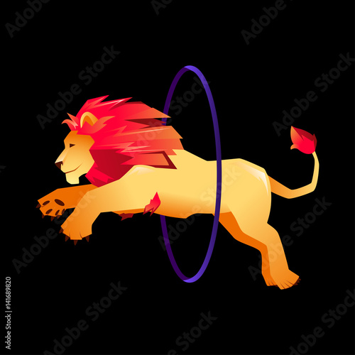 Circus performance of a lion, gradient. Jumps into the ring