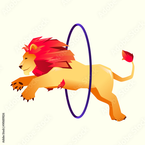 Circus performance of a lion, gradient. Jumps into the ring