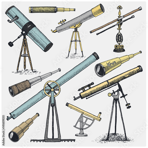 set of astronomical instruments, telescopes oculars and binoculars, quadrant, sextant engraved in vintage hand drawn or wood cut style , old sketch glasses