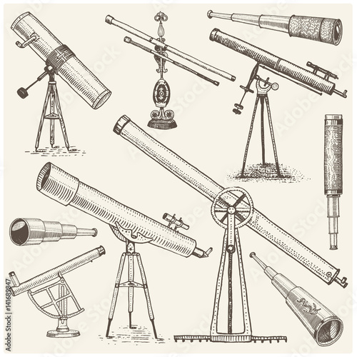 set of astronomical instruments, telescopes oculars and binoculars, quadrant, sextant engraved in vintage hand drawn or wood cut style , old sketch glasses