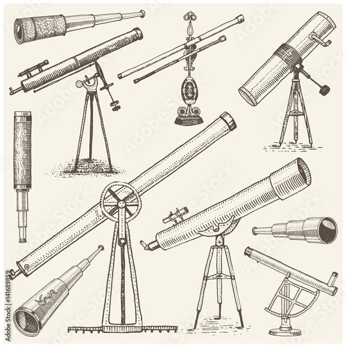 set of astronomical instruments, telescopes oculars and binoculars, quadrant, sextant engraved in vintage hand drawn or wood cut style , old sketch glasses