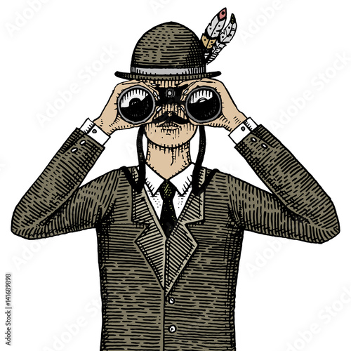 Man in costume looking through the binoculars, spyglass vintage old engraved or hand drawn illustration. Hunter, ornitologist, scientist in wood cut or sketch style.