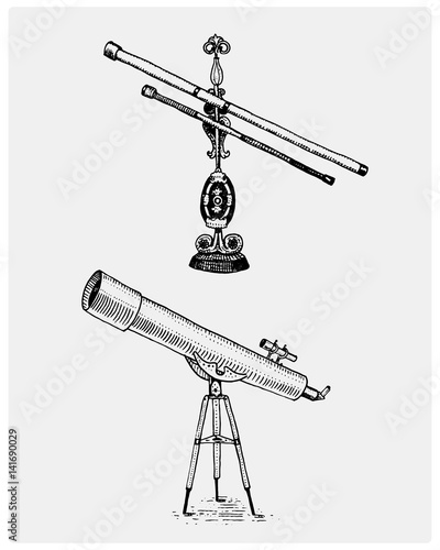 Astronomical telescope, vintage, engraved hand drawn in sketch or wood cut style, old looking retro scinetific instrument for exploring and discovering photo