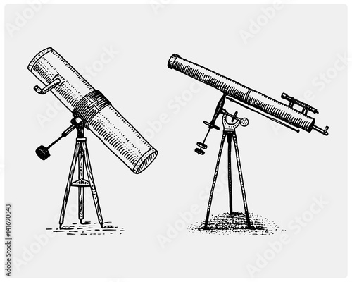 Astronomical telescope, vintage, engraved hand drawn in sketch or wood cut style, old looking retro scinetific instrument for exploring and discovering