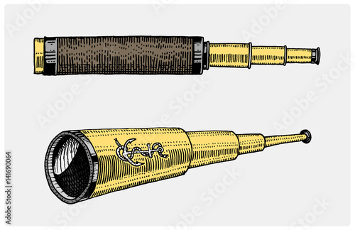 Astronomical telescope, vintage, engraved hand drawn in sketch or wood cut style, old looking retro scinetific instrument for exploring and discovering photo