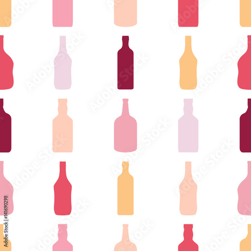 Bottles seamless pattern. Alcohol, rum, wine, whiskey, scotch, beer beverages.
