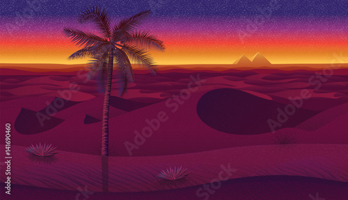 Horizontal seamless background with desert, palms and dry grass