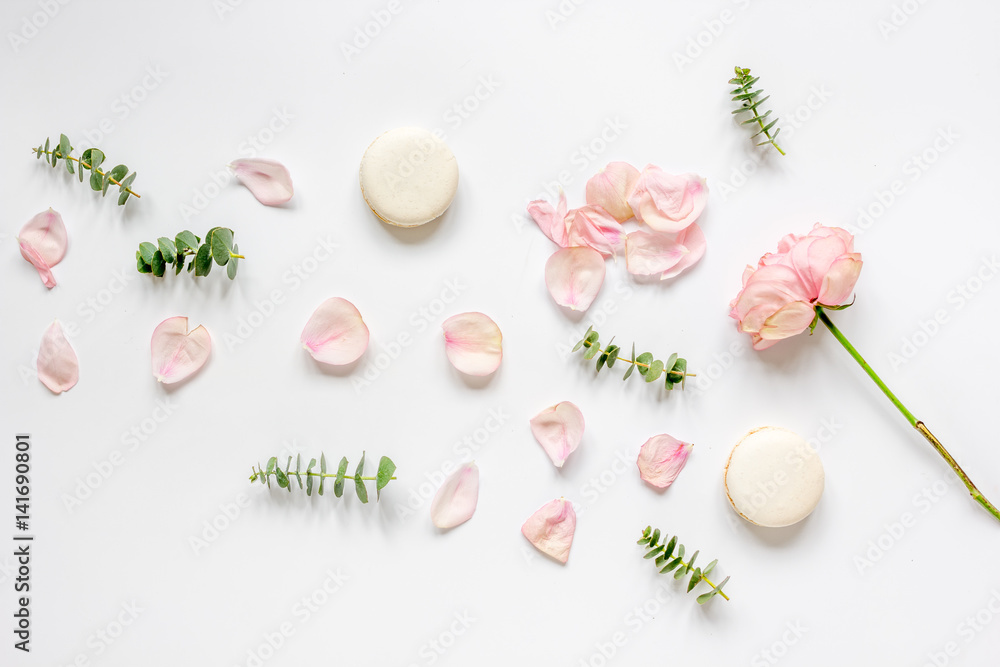 spring pattern with macaroons and flower in soft light top view