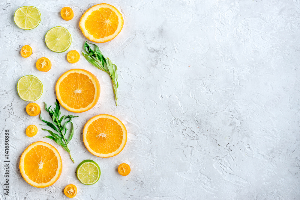 sliced citrus on stone table background top view mock up sliced citrus on stone table background top view mock up