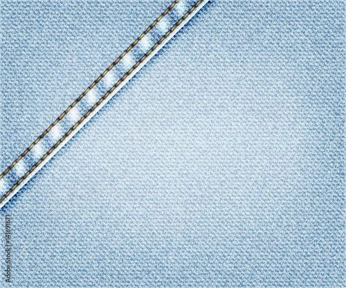 Vector jeans background with stitching, realistic denim cloth illustration, banner with light denim texture.