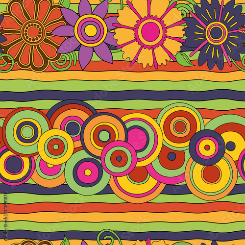 psychedelic pattern with flowers stripes and circles