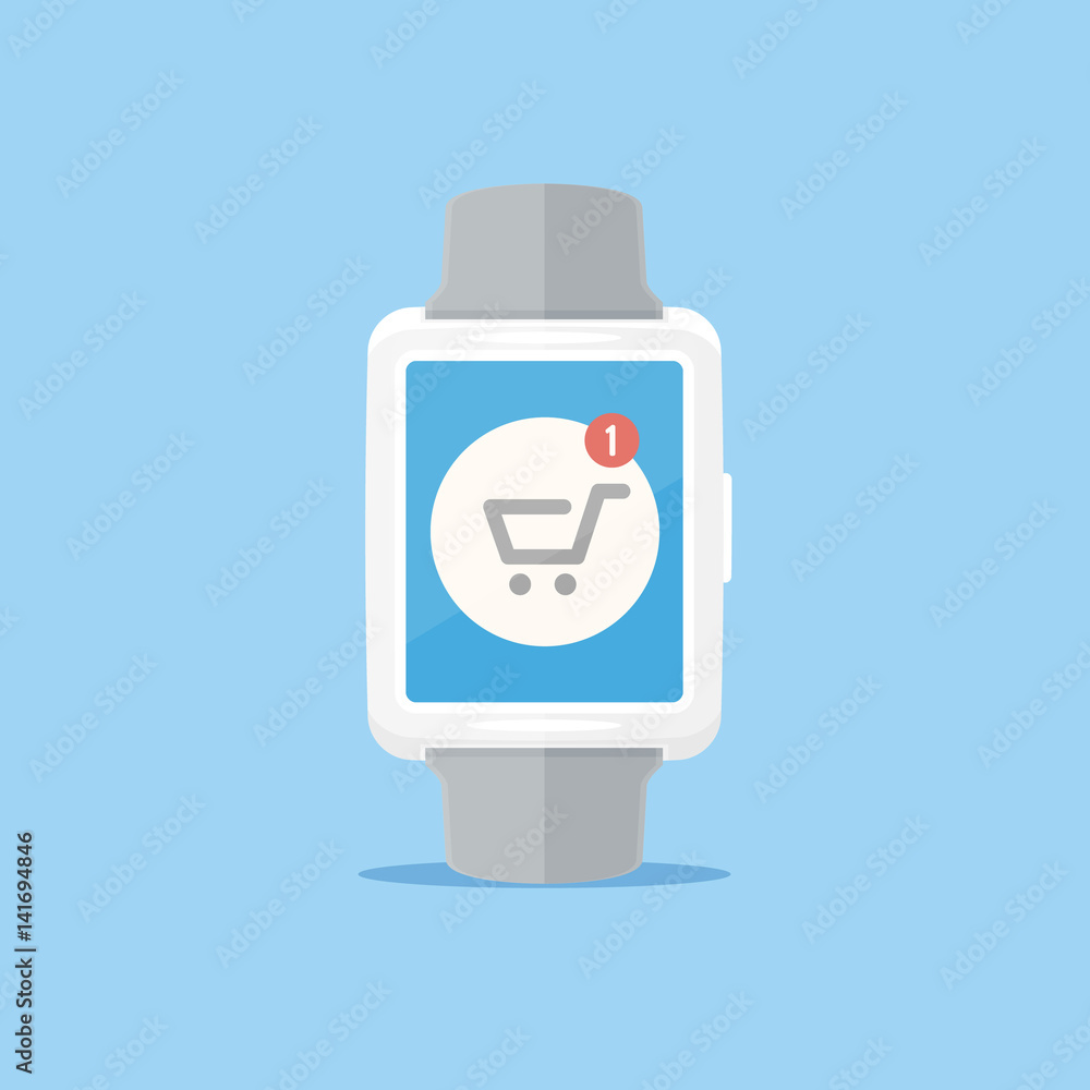 Smartwatch with shopping cart notification icon vector illustration in flat style Smartwatch with shopping cart notification icon vector illustration in flat style