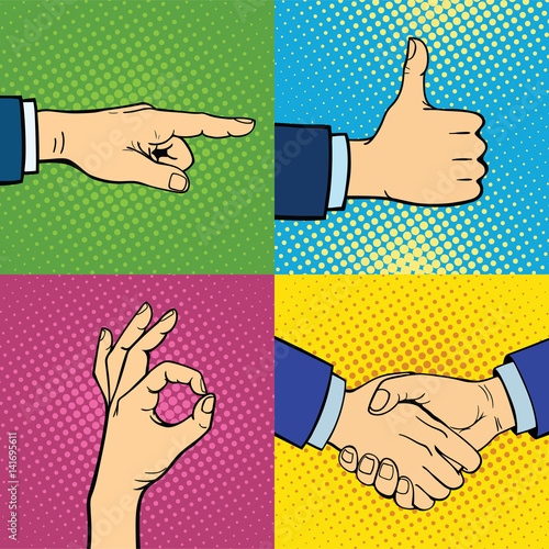 Hands showing deaf-mute different gestures human arm hold communication and direction design fist touch pop art style colorful vector illusstration.