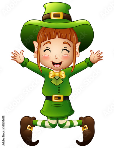 Cute girl leprechaun cartoon jumping