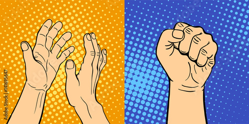 Hands showing deaf-mute different gestures human arm hold communication and direction design fist touch pop art style colorful vector illusstration.