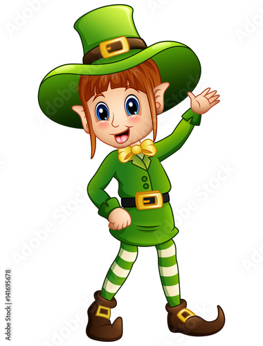 Cartoon girl leprechaun waving