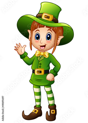 Cartoon girl leprechaun waving hand