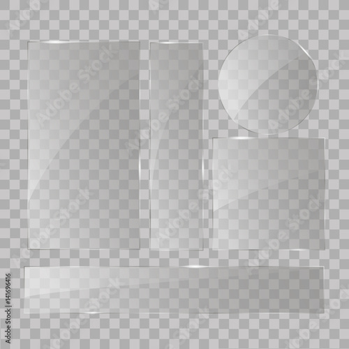 Glass plates set. Vector glass banners on transparent background.
