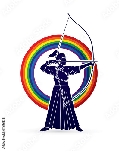 Woman bowing Kyudo designed on rainbows background graphic vector.