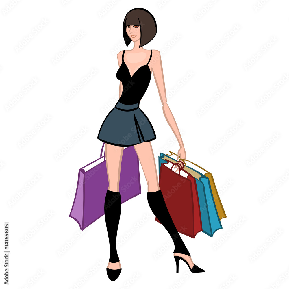 Fasionable girl with shopping bags. Vector illustration.