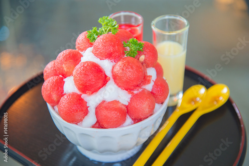 watermelon bingsu dessert with milk and watermelon syrup