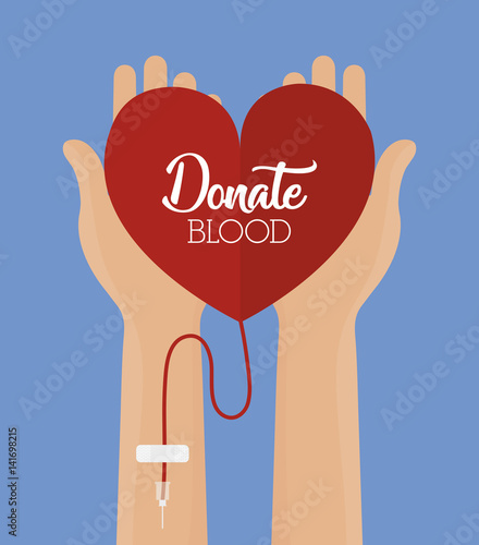 hand with blood bag over blue background. donate blood concept. colorful design. vector illustration