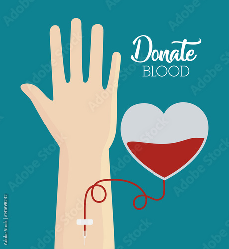 hand with blood bag over blue background. donate blood concept. colorful design. vector illustration