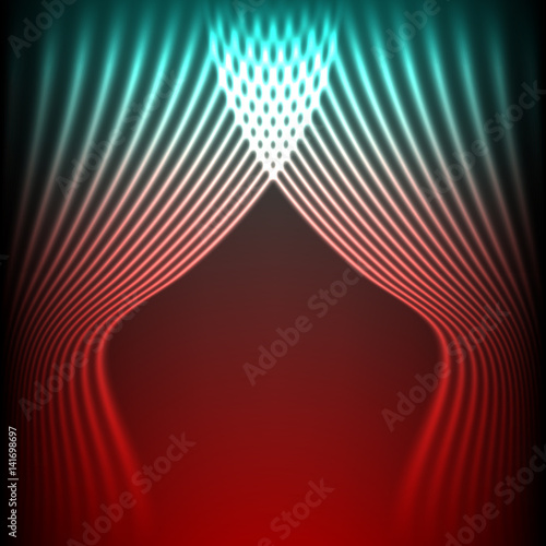 Drapery futuristic background with 80s style neon lines. Welcoming drapes for cover or party invitation made in new retro wave trend. Stage abstract.