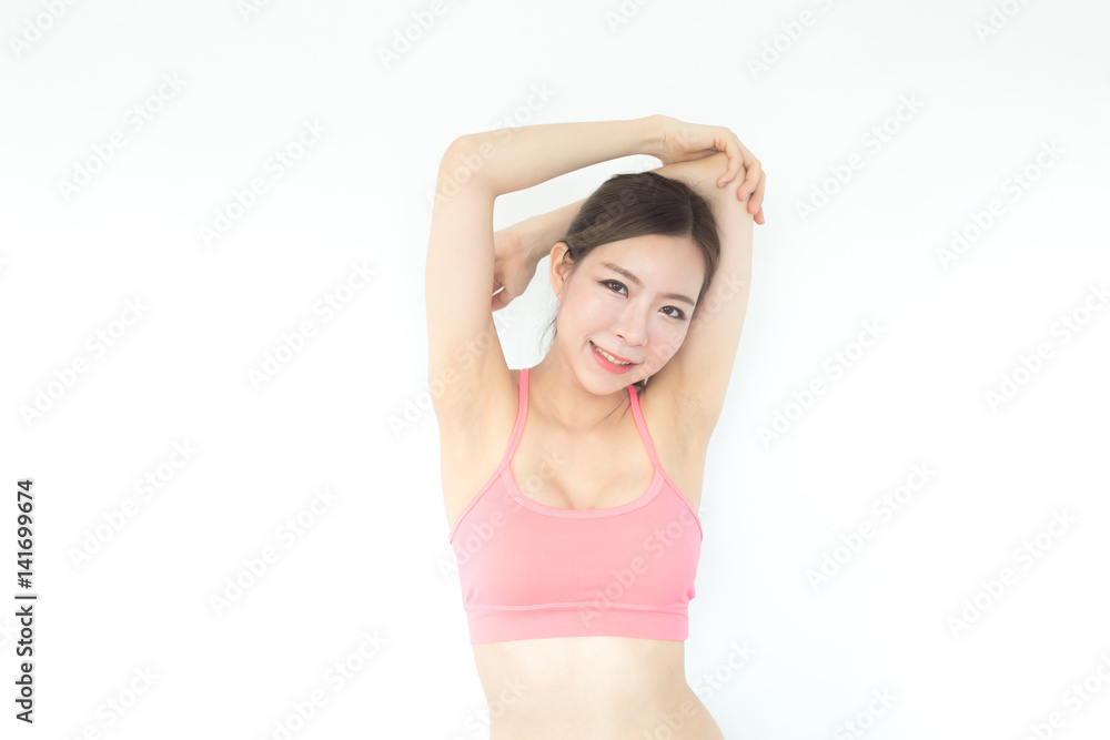 Korean woman fashion set sweet pink sexy girl, sport woman care concept, isolated on white background, 20-30 year old. Korean woman fashion set sweet pink sexy girl, sport woman care concept, isolated on white background, 20-30 year old.