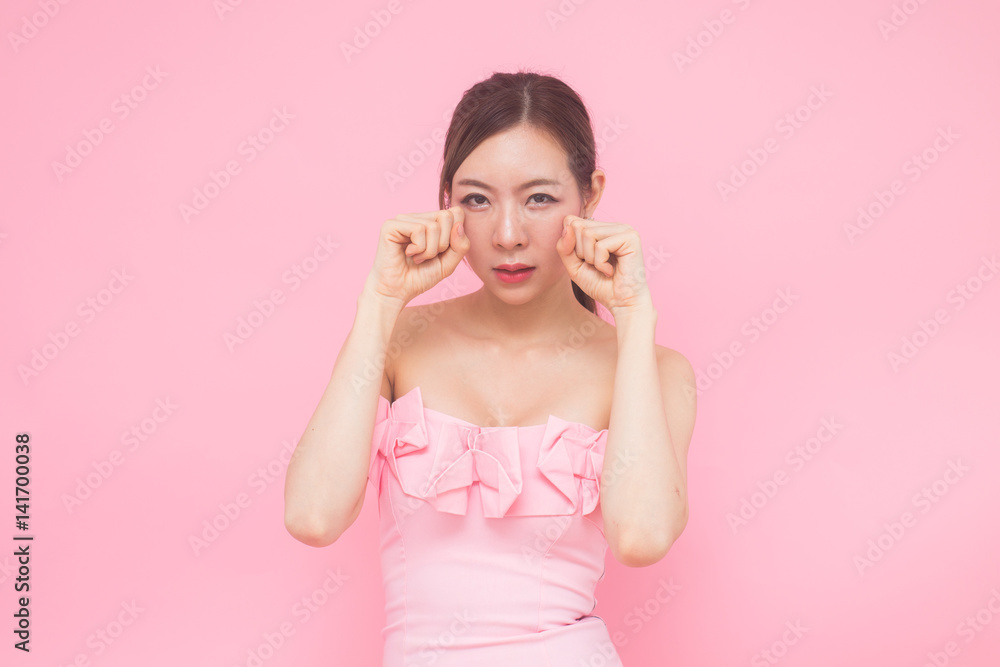 Korean woman fashion set sweet pink sexy girl, beauty and fashion concept., isolated with pink background.