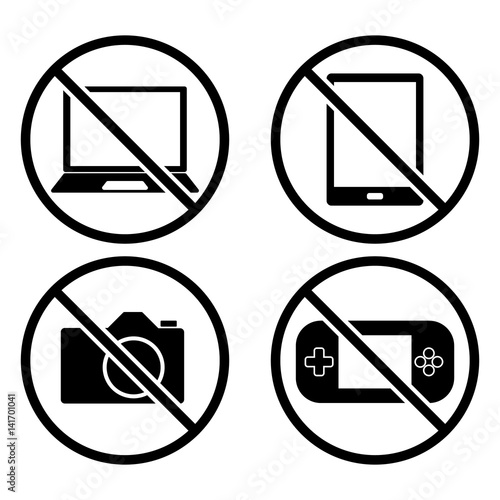 Items not allowed to carry in luggage for boarding. Prohibition icons set.