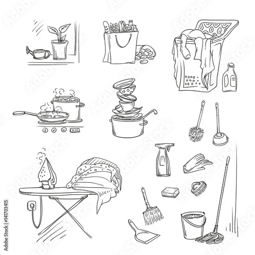 Vector set sketch illustration on a white background of objects and situations in the household chores. Washing and ironing, cleaning, washing dishes, grocery shopping and cooking.
