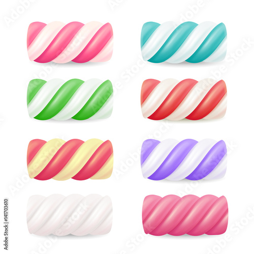 Realistic Marshmallow Candy Vector. Set Colorful Twisted Marshmallows