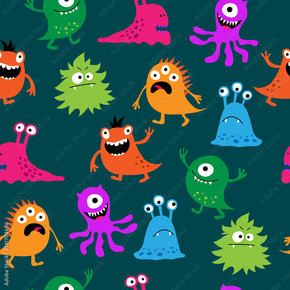 Cute seamless pattern with monsters on a green background Cute seamless pattern with monsters on a green background