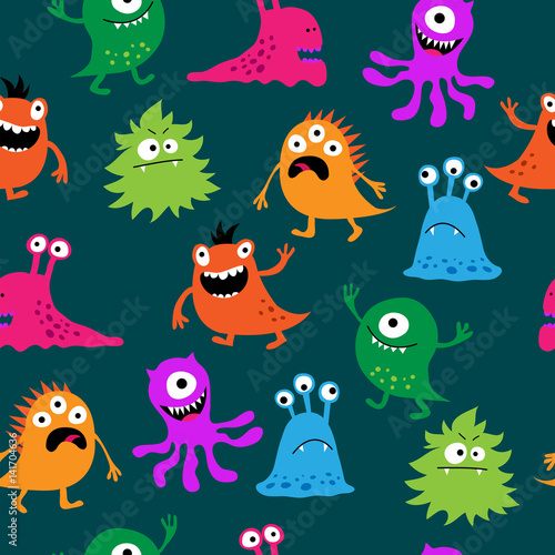 Cute seamless pattern with monsters on a green background
