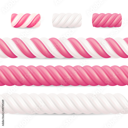 Realistic Marshmallow Candy Vector. Set Colorful Twisted Marshmallows