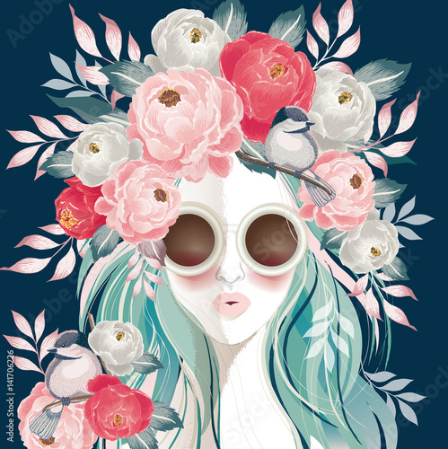 Fototapeta Naklejka Na Ścianę i Meble -  Vector illustration of a sunglasses woman with floral bouquet on her hair in spring for Wedding, anniversary, birthday and party. Design for banner, poster, card, invitation and scrapbook