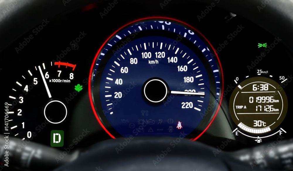 Car dashboard speedometer moving in high speed