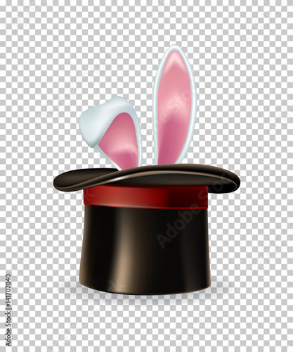 Vector rabbit ears appear from the magic hat isolated on transparent background.