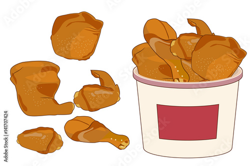 chicken fried tub. family set. Illustration of Fast Food. Urban lifestyle.