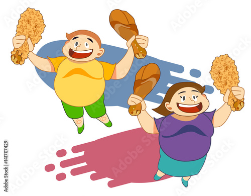 fat boy and woman happy with fried chicken. Obese people.Fast Food concept.Character present about healthy care.