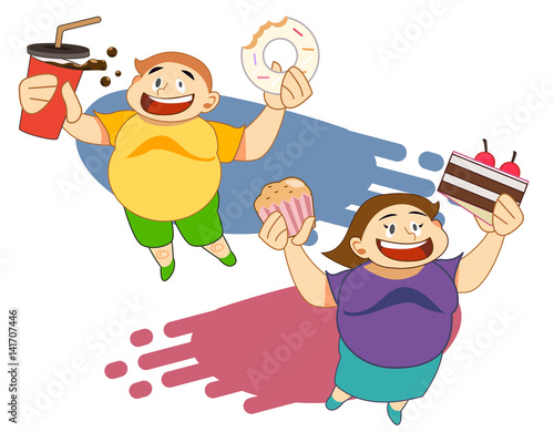 fat boy and woman happy with dessert.Obese people. Fast Food concept. Character present about healthy care.