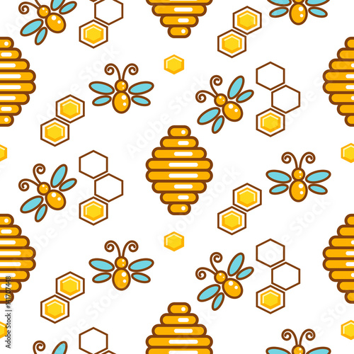Vespiary and bees seamless vector outline pattern. Honeybee and honeycomb on white repeating background.