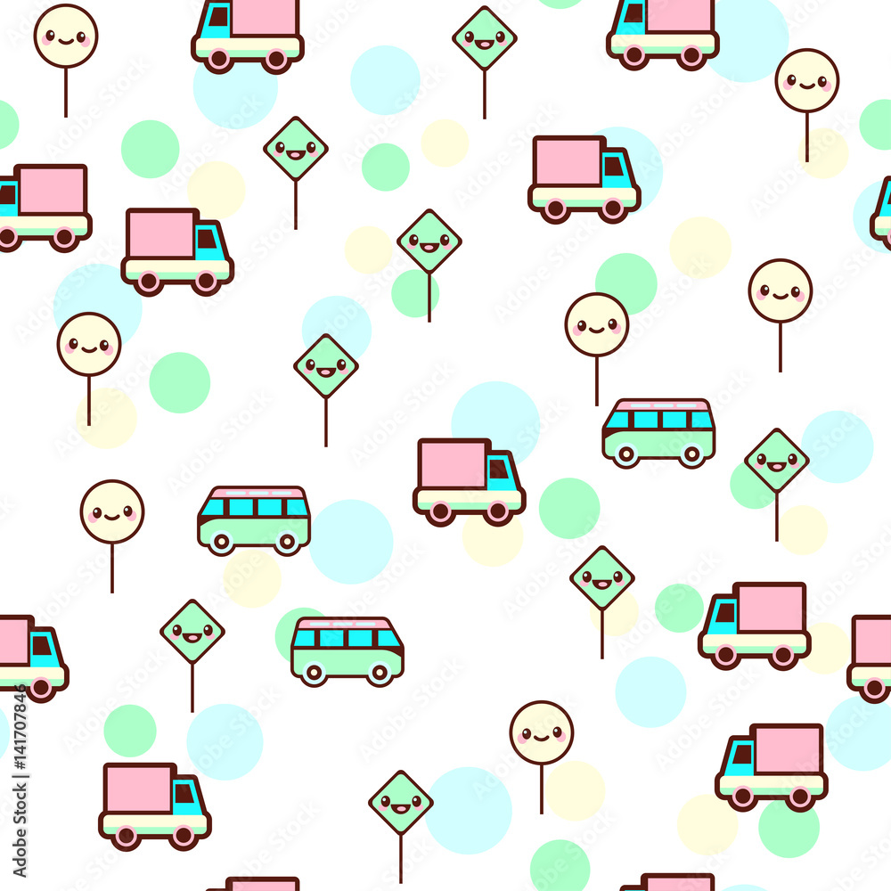 Vector illustration of the cute bus, car with the funny faces seamless pattern. Trendy Kawaii emoticons for print on t-shirt, one piece body gift for kids Vector illustration of the cute bus, car with the funny faces seamless pattern. Trendy Kawaii emoticons for print on t-shirt, one piece body gift for kids