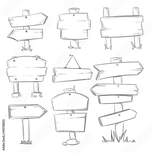 Doodle wood signs, hand drawn wooden direction arrows vector set