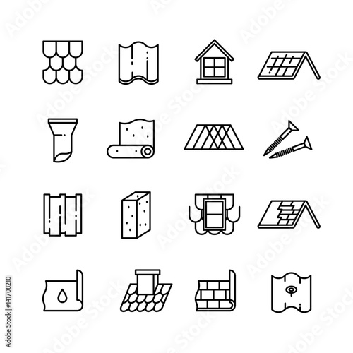 Roof, housetop construction materials, waterproofing thin vector icons