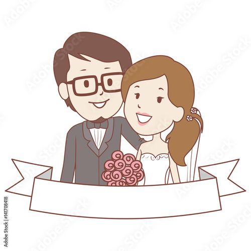 Vector Illustration of Bride and Groom Couple with Blank Ribbon Label Template
