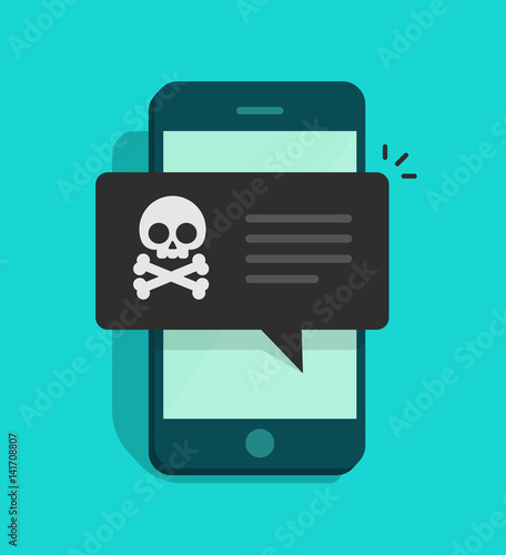 Back malware notification on mobile phone vector, flat style smartphone with skull bones alert, concept of spam data on cellphone, fraud error message, scam, virus